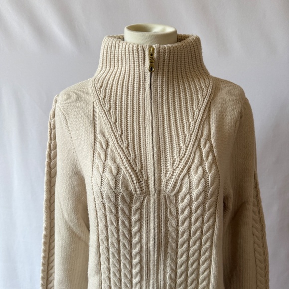 CK BRADLEY SWEATER 2 WAY FULL ZIP CABLE KNIT WOOL NYLON CHUNKY NEUTRAL BEIGE M - Picture 8 of 11